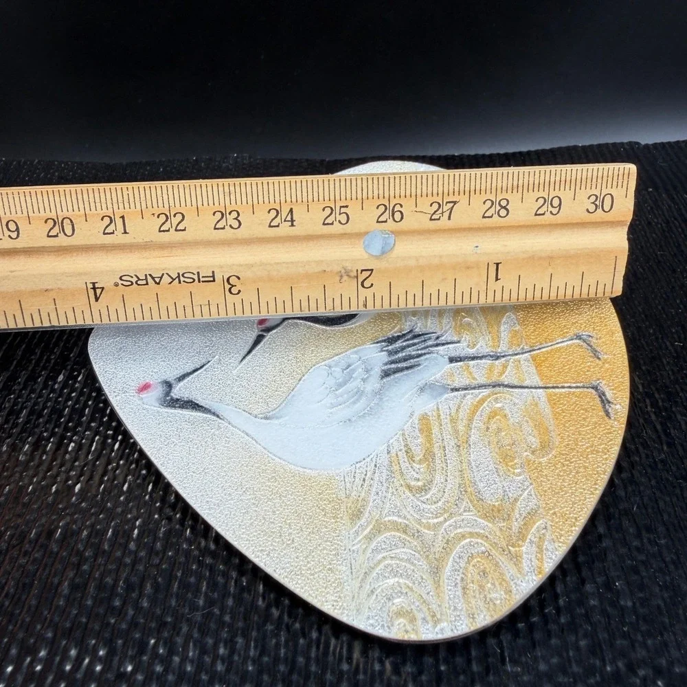 Ando Cloisonne Japanese Enamel Fan Plate Red Crowned‎ Cranes Silver Gold w Stand